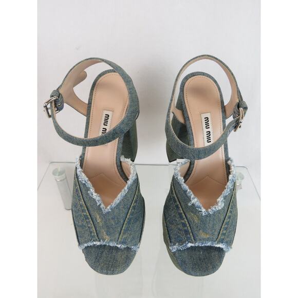 MIU MIU 5XP832 BLUE WASHED DENIM BUCKLE ANKLE STRAP SANDAL PLATFORM PUMPS 37 - Picture 7 of 14